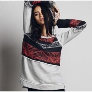 Free People Gray and Red Patterned Sweater